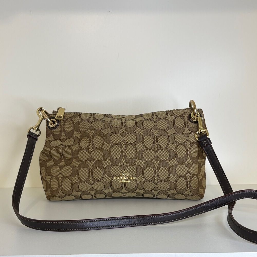 Coach Tan Khaki Signature Jacquard Crossbody with Chestnut Trim